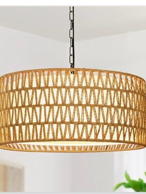 NIB Chandelier Light Fixture, 5-Light Rattan Boho Hand Woven Linen Shade Rustic